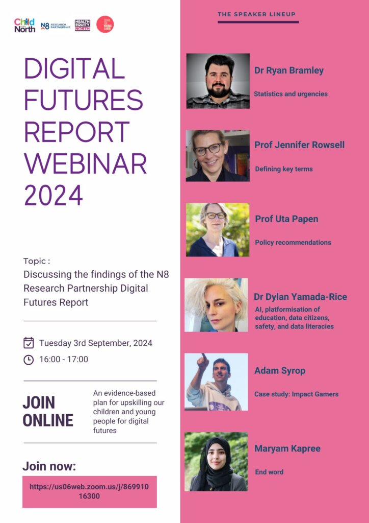 Flyer advertising the Child of the North / Centre for Young Lives Digital Futures Report Webinar on 3rd Sep 2024